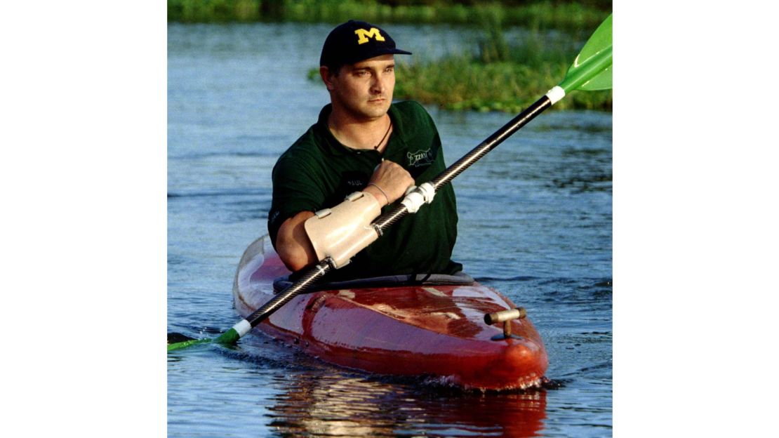 Hippo attacks: How to avoid one of Africa’s most dangerous animals Paul Templer, who lost his left arm in the 1996 hippo attack, paddles a kayak with a specially made paddle two years later to practice for his record-setting Zambezi River descent.