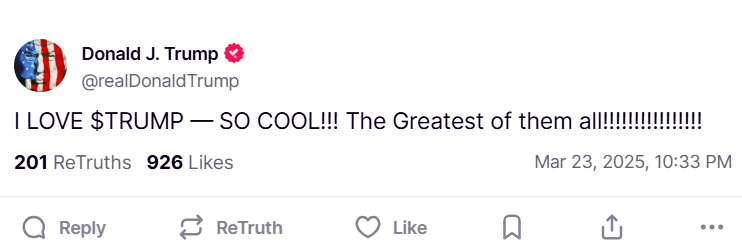 Trump publicly endorses TRUMP coin on Truth Social, token jumps 10% Trump publicly endorses TRUMP coin on Truth Social, token jumps 10%